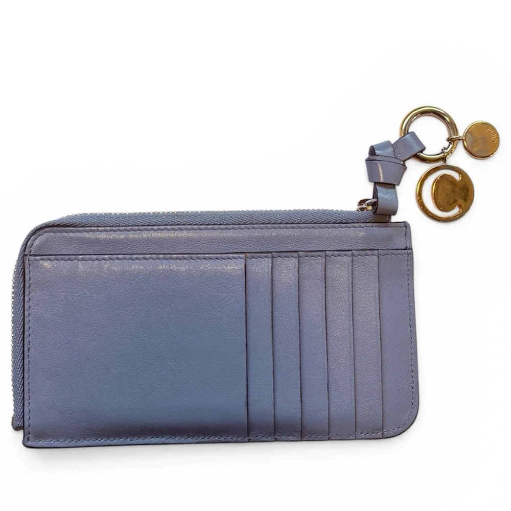 Chloe Alphabet Wallet Card Holder smooth blue gray leather gold hardware C charm